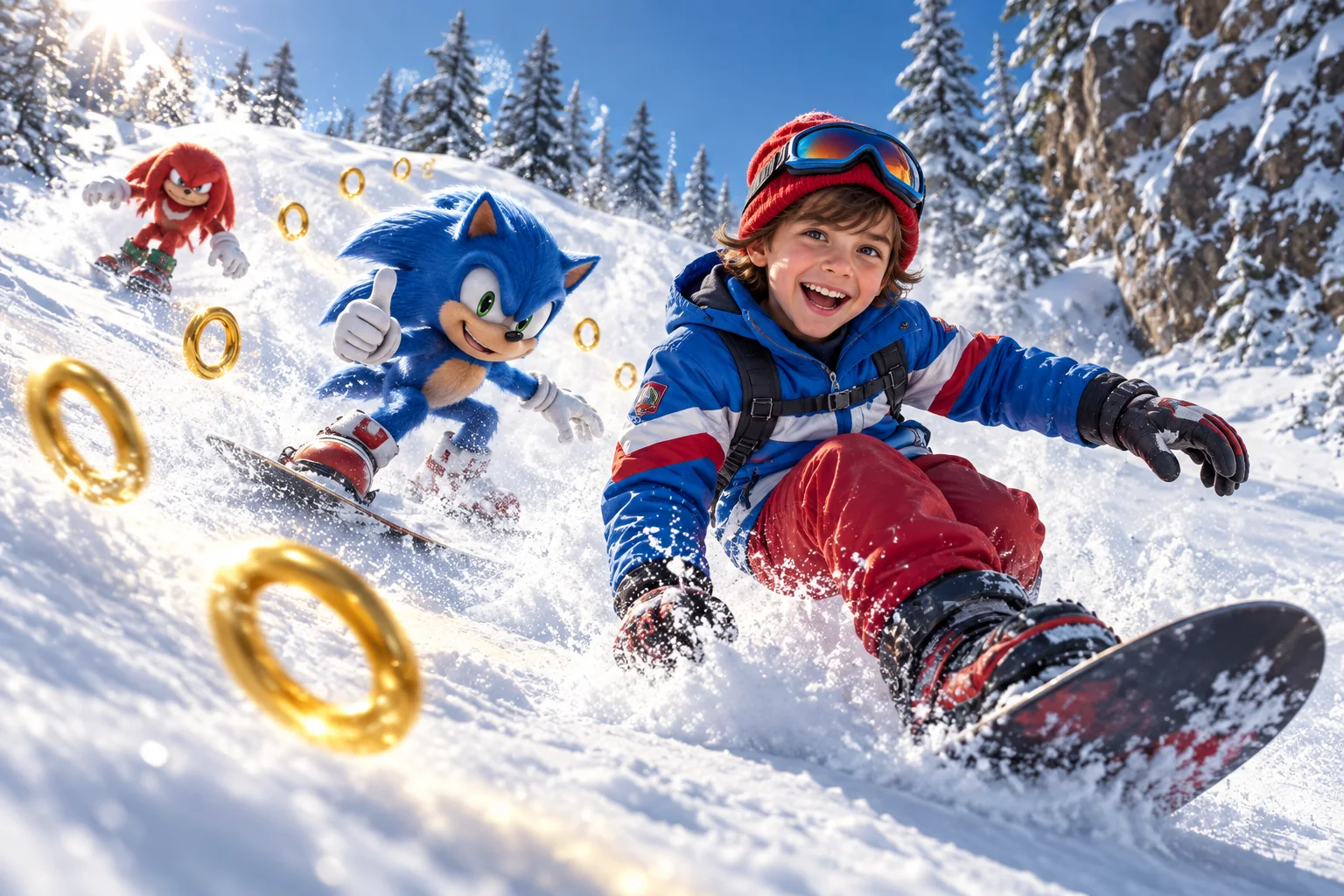 Snowboardowy zjazd w górach — Szablon sceny. W Twoim obrazie: 1 osoba z przesłanych zdjęć.