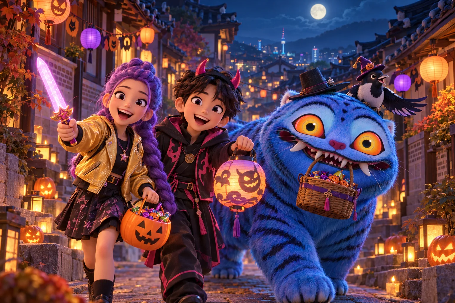 Halloween w starym Seulu — Szablon sceny. W Twoim obrazie: 2 osoby z przesłanych zdjęć.