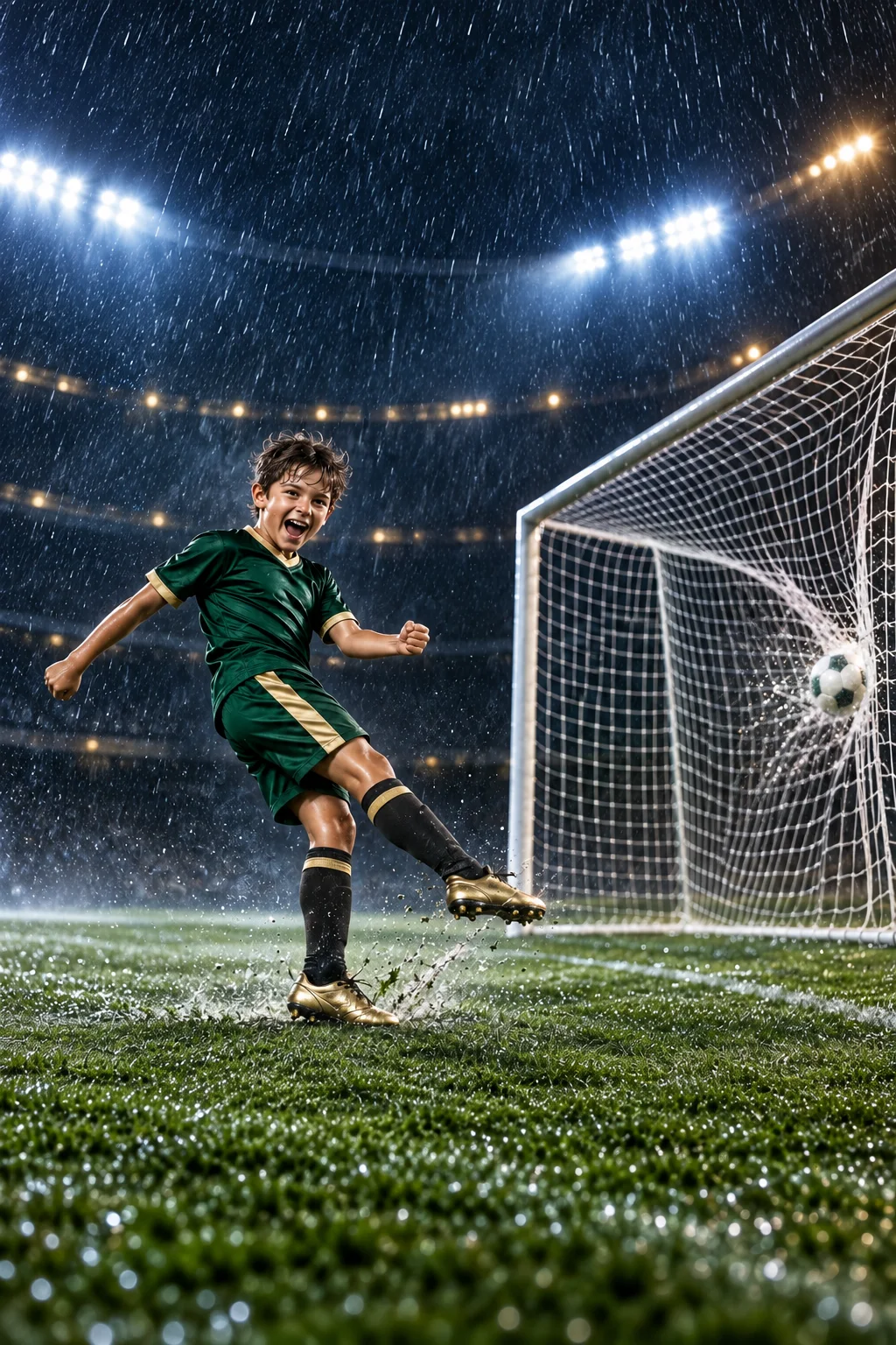 Zwycięski gol w deszczu — Szablon sceny. W Twoim obrazie: 1 osoba z przesłanych zdjęć.