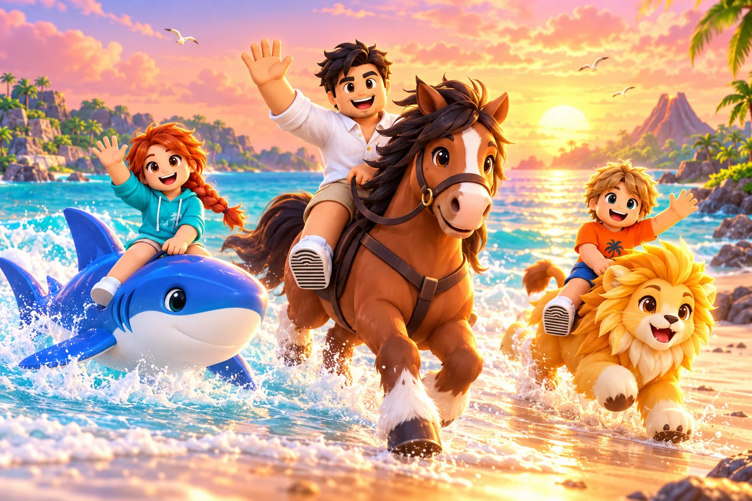 Rodzinny galop po plaży — Szablon sceny. W Twoim obrazie: 1 osoba z przesłanych zdjęć.