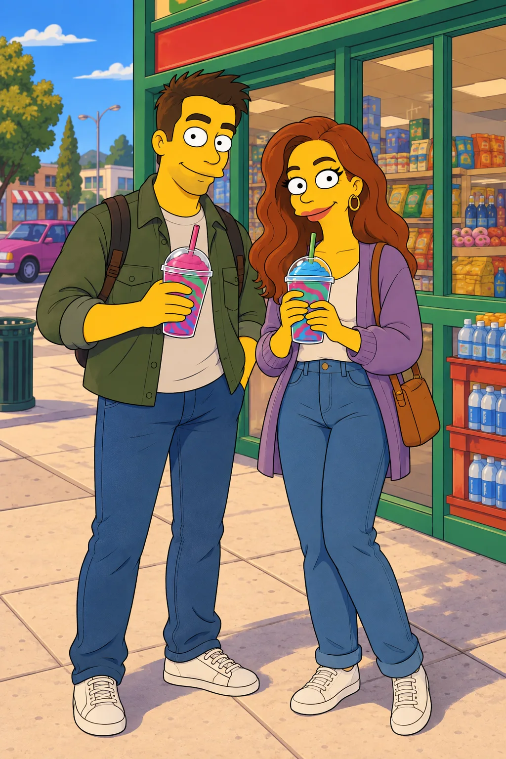Przystanek w Kwik-E-Mart — Szablon sceny. W Twoim obrazie: 2 osoby z przesłanych zdjęć.