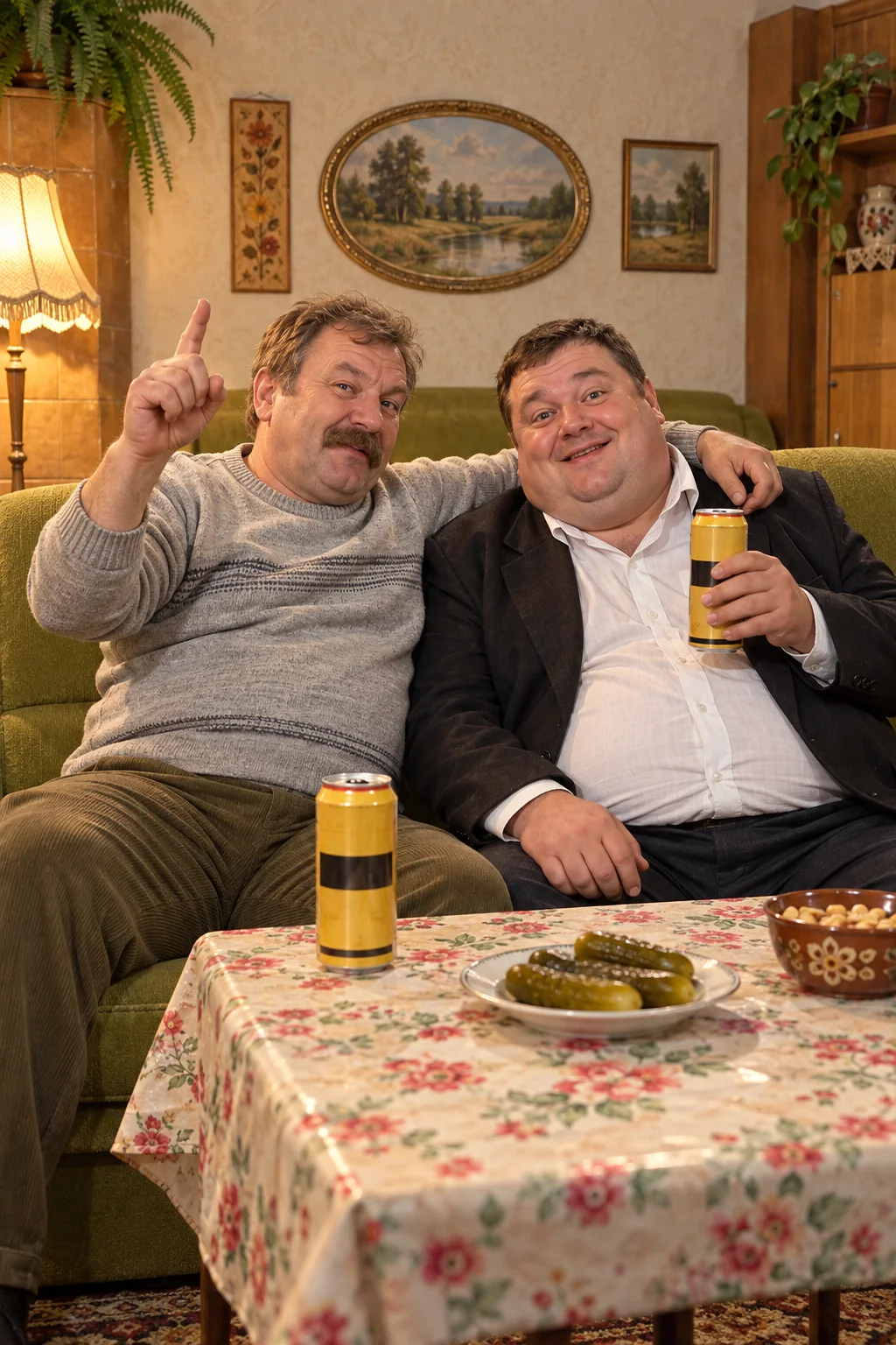 Narada w zielonych fotelach — Szablon sceny. W Twoim obrazie: 2 osoby z przesłanych zdjęć.