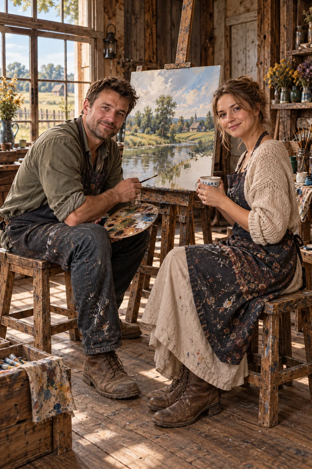 Portret w pracowni Kusego — Szablon sceny. W Twoim obrazie: 2 osoby z przesłanych zdjęć.