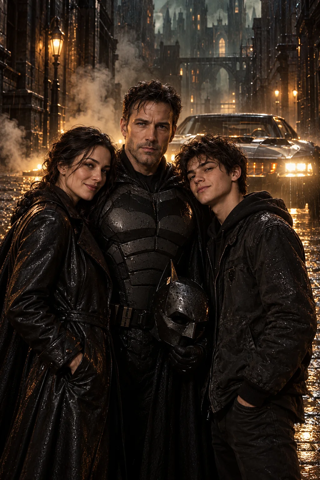 Deszczowa noc w Gotham — Szablon sceny. W Twoim obrazie: 3 osoby z przesłanych zdjęć.