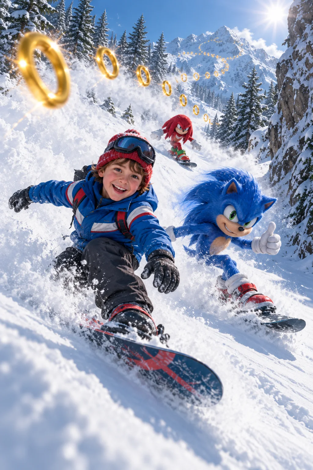Snowboardowy zjazd w górach — Szablon sceny. W Twoim obrazie: 1 osoba z przesłanych zdjęć.