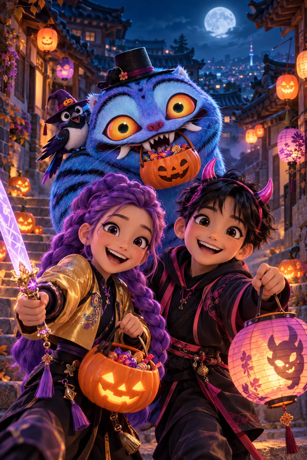 Halloween w starym Seulu — Szablon sceny. W Twoim obrazie: 2 osoby z przesłanych zdjęć.